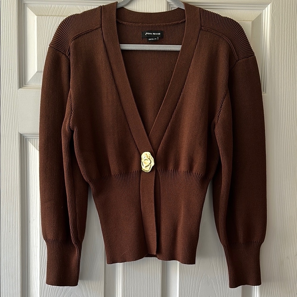 Ribbed Brown Cardigan Women's Sweater S
